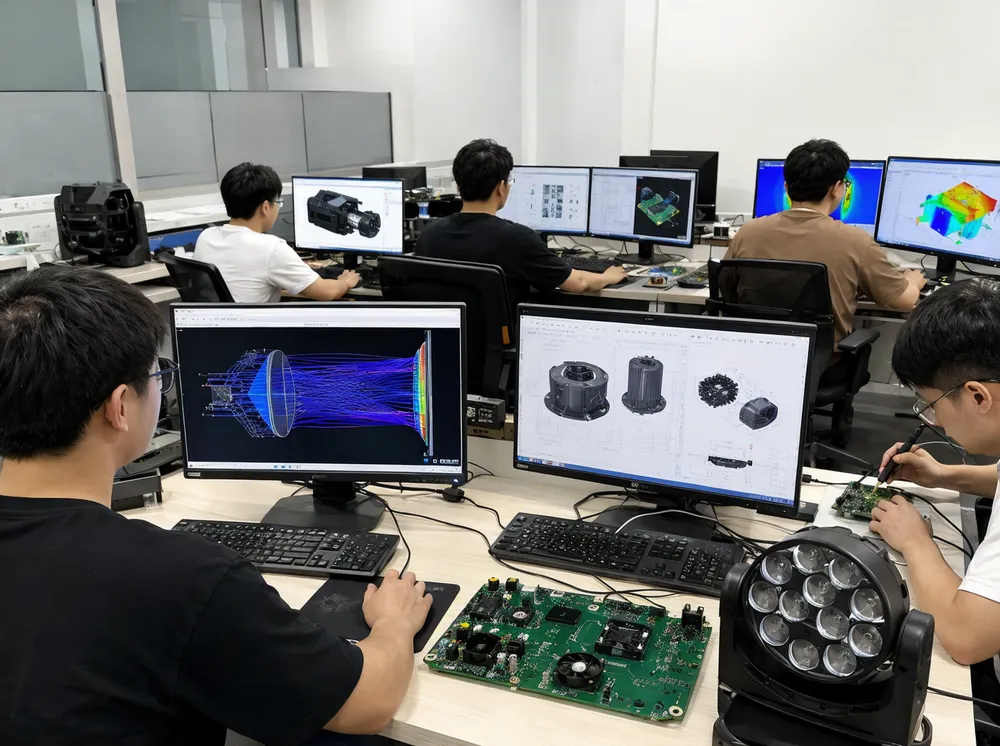 GDMonkey R&D engineering team working on optical and electronic design for stage lighting fixtures