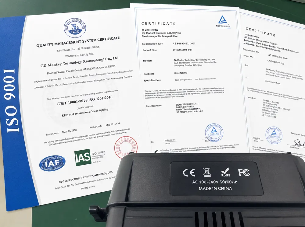 GDMonkey ISO 9001 certification documents and CE marking labels for professional stage lighting