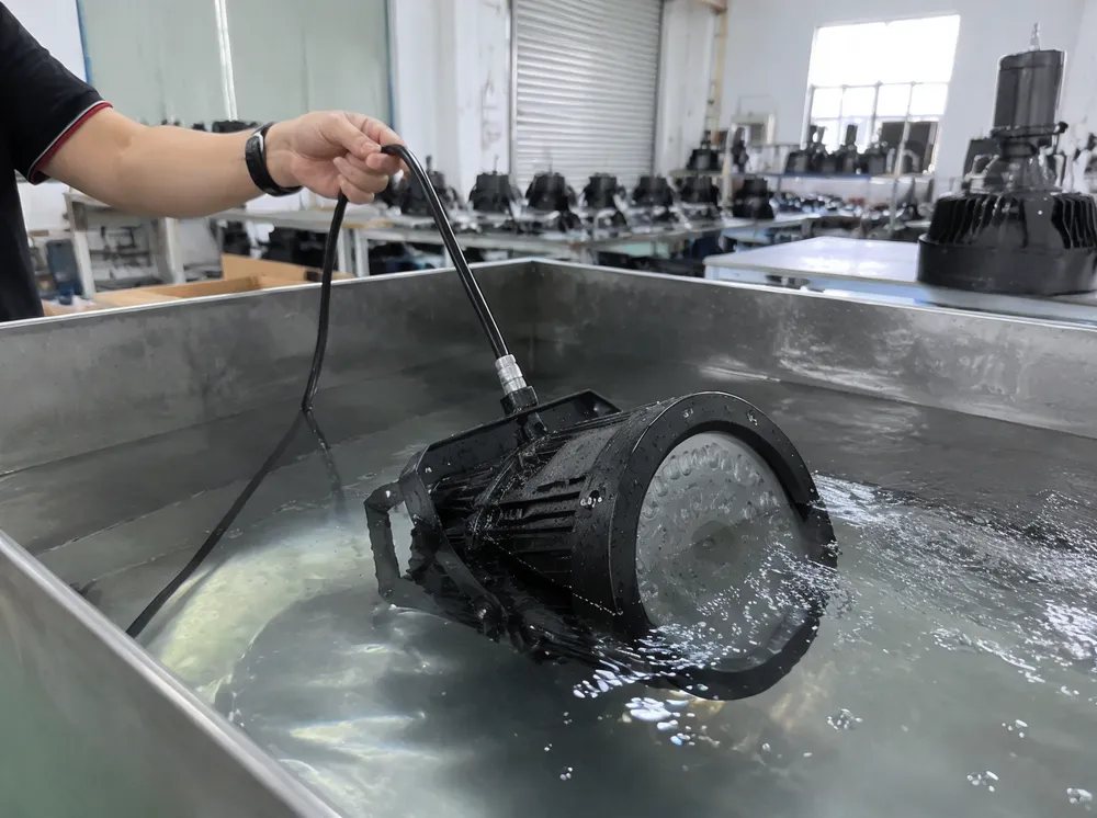 IP rating submersion testing of outdoor stage lighting fixture during factory QC process