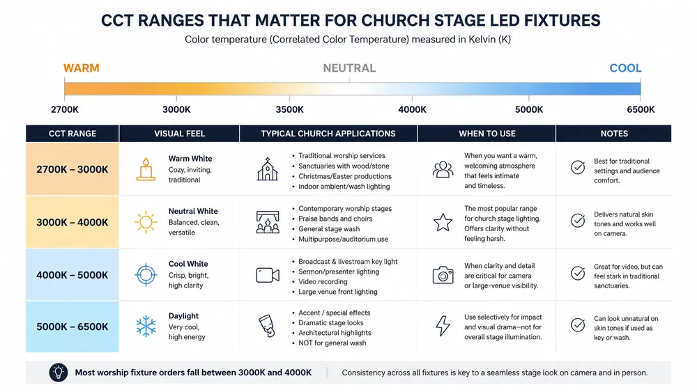CCT range comparison for church stage lighting Chart comparing color temperature ranges from 2700K to 6500K with typical church stage lighting applications for each range