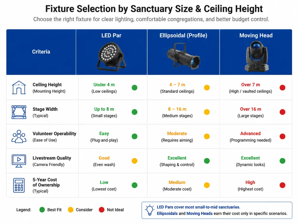Fixture selection matrix by room size Decision matrix comparing LED par, ellipsoidal, and moving head fixtures by ceiling height and church room size
