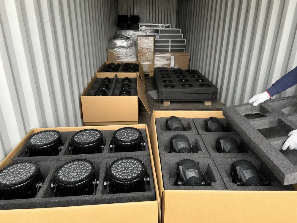 Church stage lighting fixtures loaded in shipping container with custom foam packaging