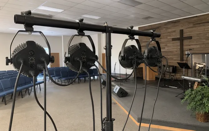 Compact simple church stage lighting fixtures for small congregations with plug-and-play operation