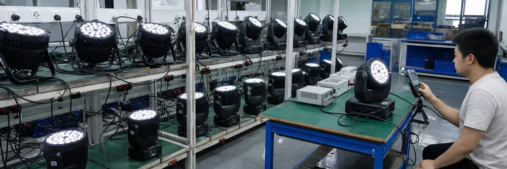 GDMonkey quality control testing — thermal aging bench and flicker meter validation for church stage lighting fixtures