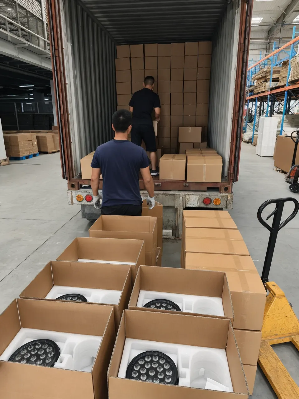 Container loading configuration for LED church par can fixtures with molded EPE packaging