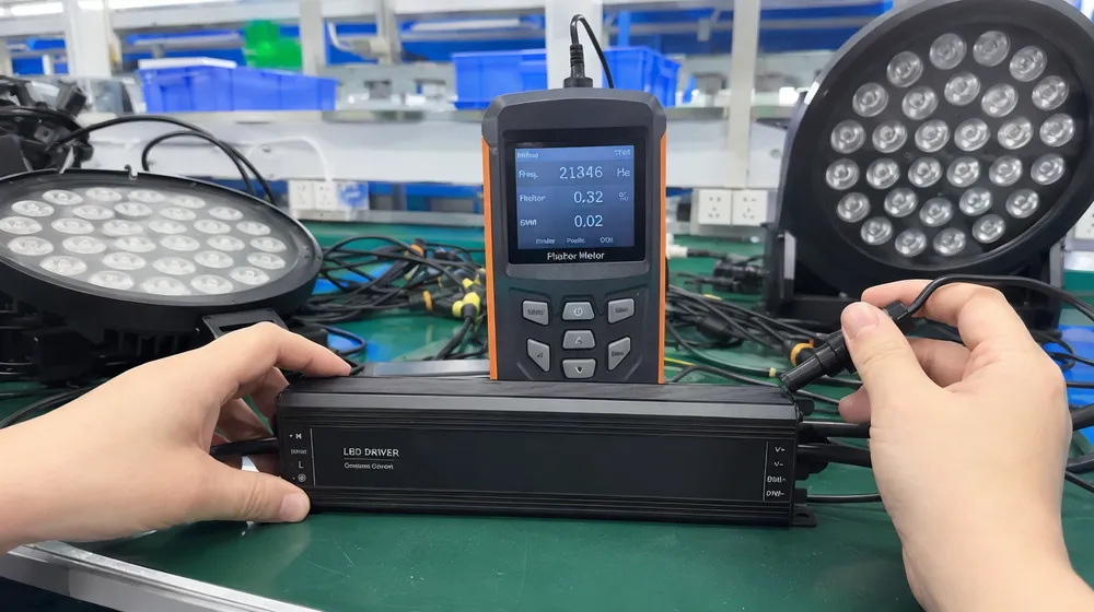 Constant-current LED driver with PWM frequency above 20kHz being tested with calibrated flicker meter during QC
