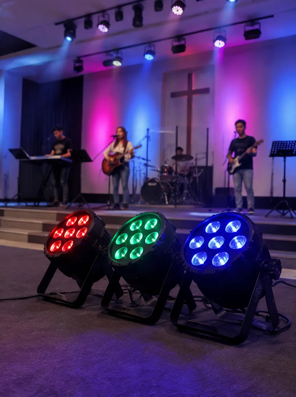 LED church stage lighting fixtures — RGBW par cans in worship environment
