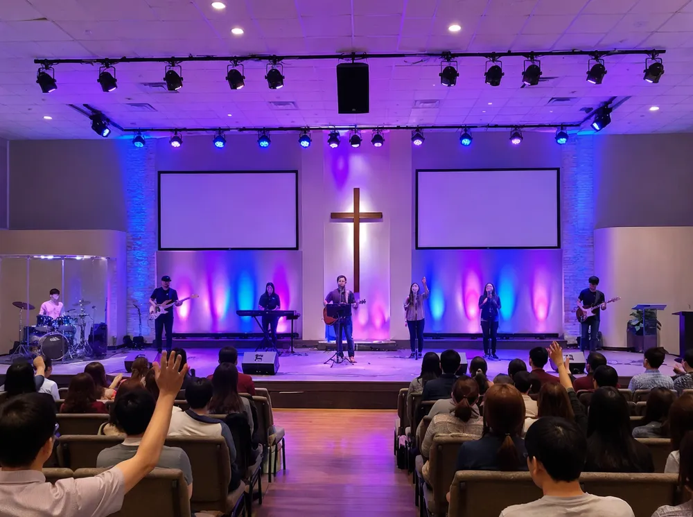 LED par can wash lights installed in a mid-size church sanctuary