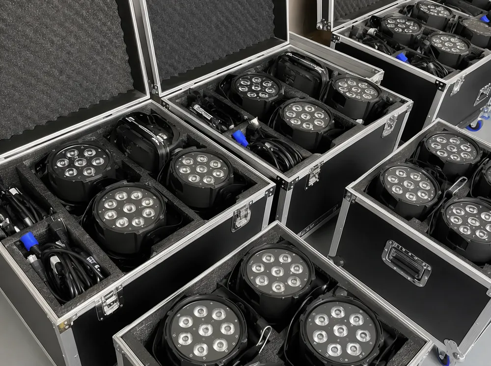 Compact LED par cans packed for portable church rental service with weekly setup and teardown