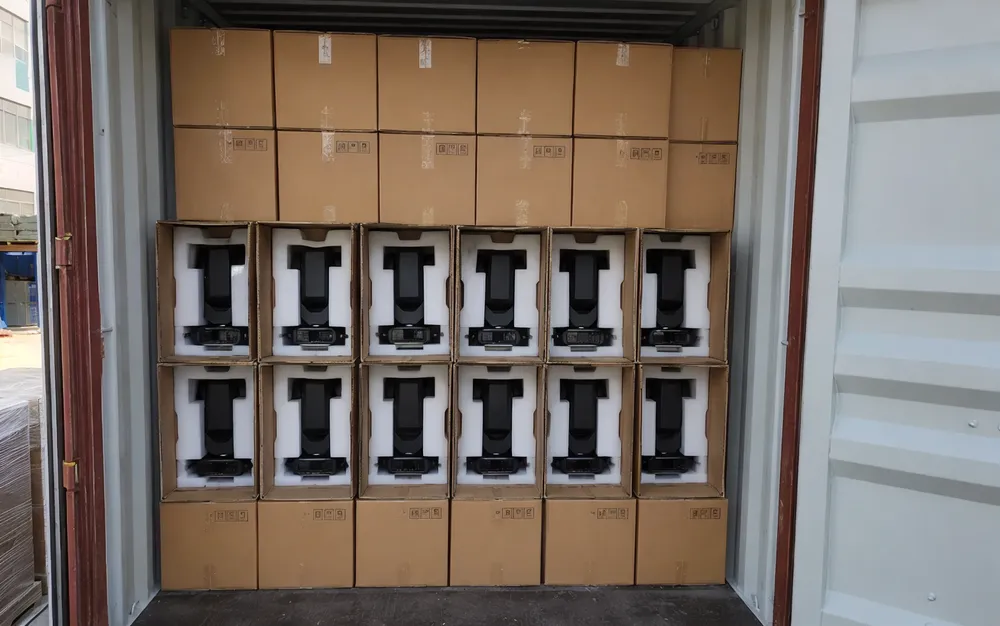 Professional church stage lighting fixtures packed in custom EPE foam cradles inside shipping container
