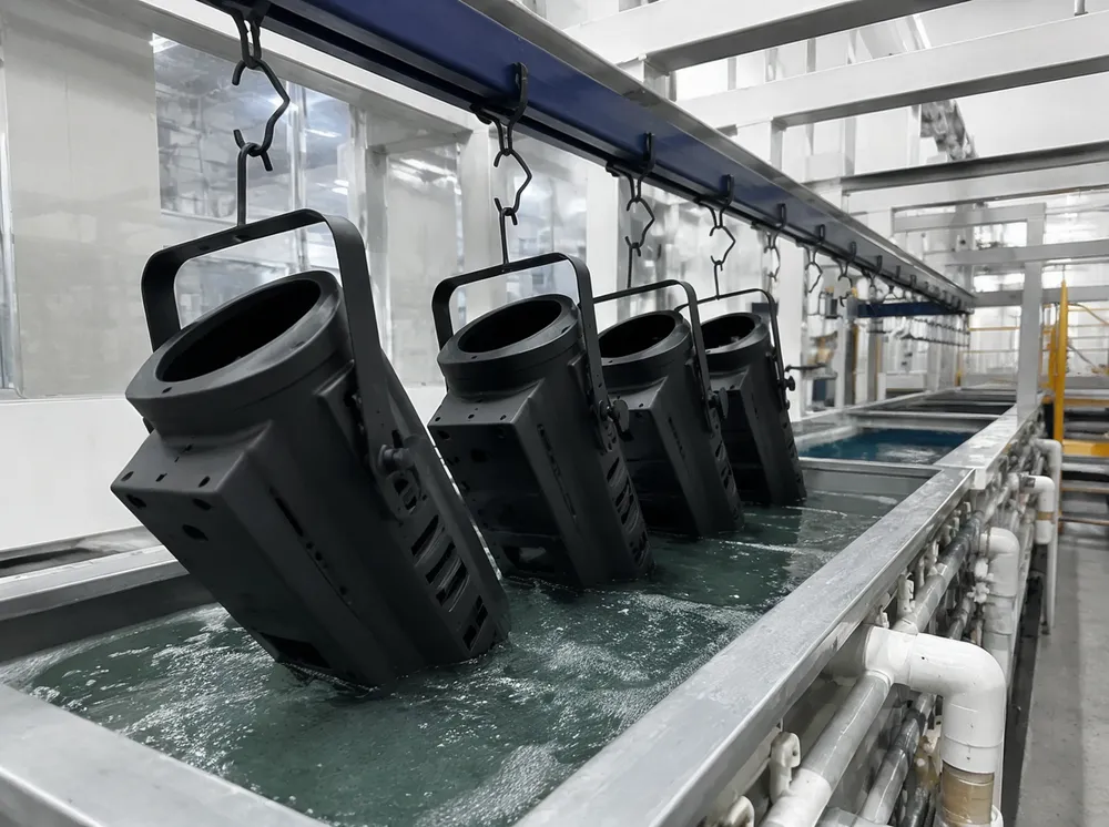 Phosphate pre-treatment and powder coating process for professional church lighting fixture housings