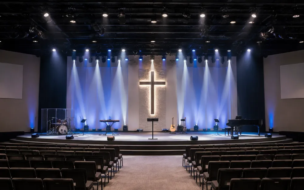 Professional church stage lighting installation in a large auditorium with moving head spots and wash fixtures