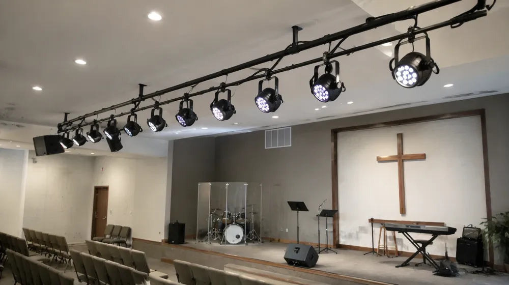 Side view of church stage with LED par retrofit replacing halogen PAR64 cans