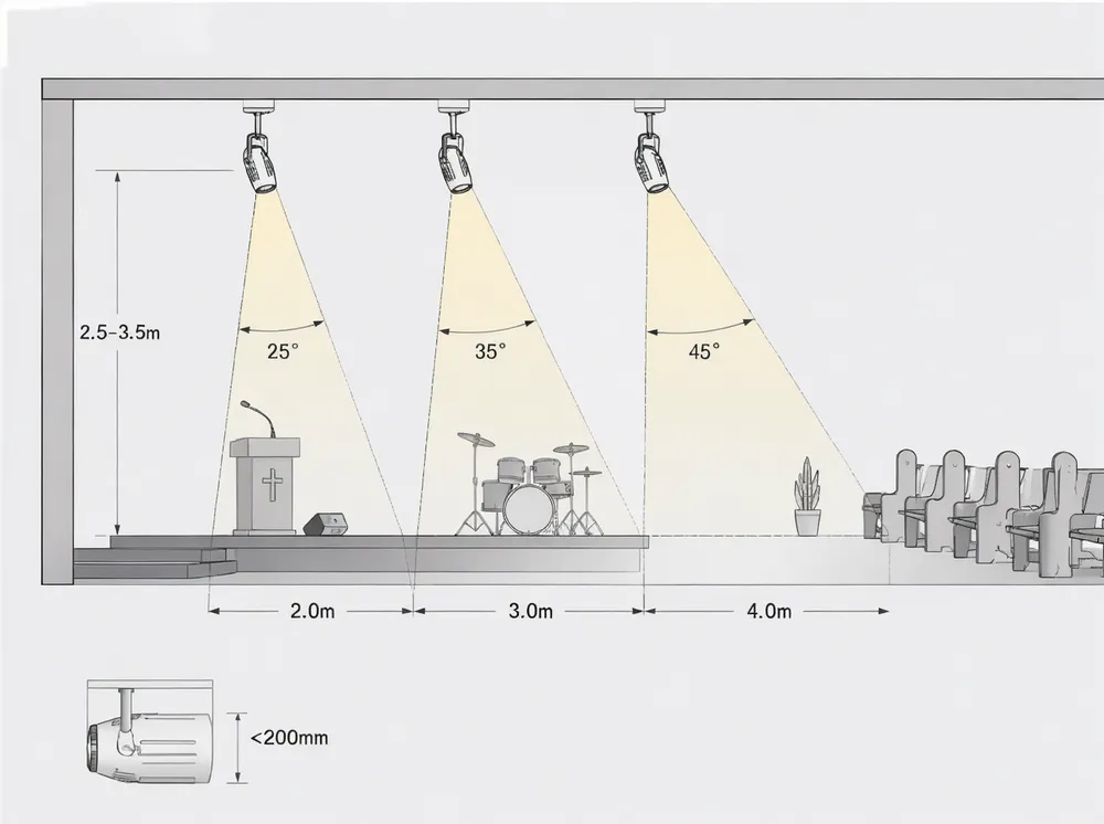 Beam angle geometry diagram showing 25-45 degree coverage at 2.5-3.5 meter ceiling heights for church stage lighting