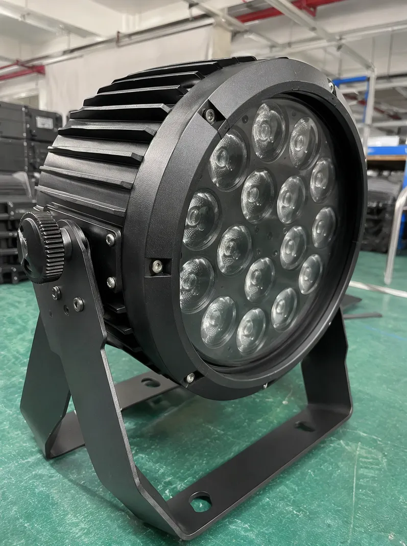 Heavy-gauge aluminum housing on a club DJ light fixture showing heat dissipation fins and sealed optical assembly
