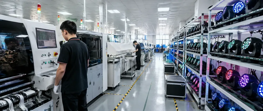 GDMonkey club DJ light manufacturing floor showing SMT assembly lines and aging test racks
