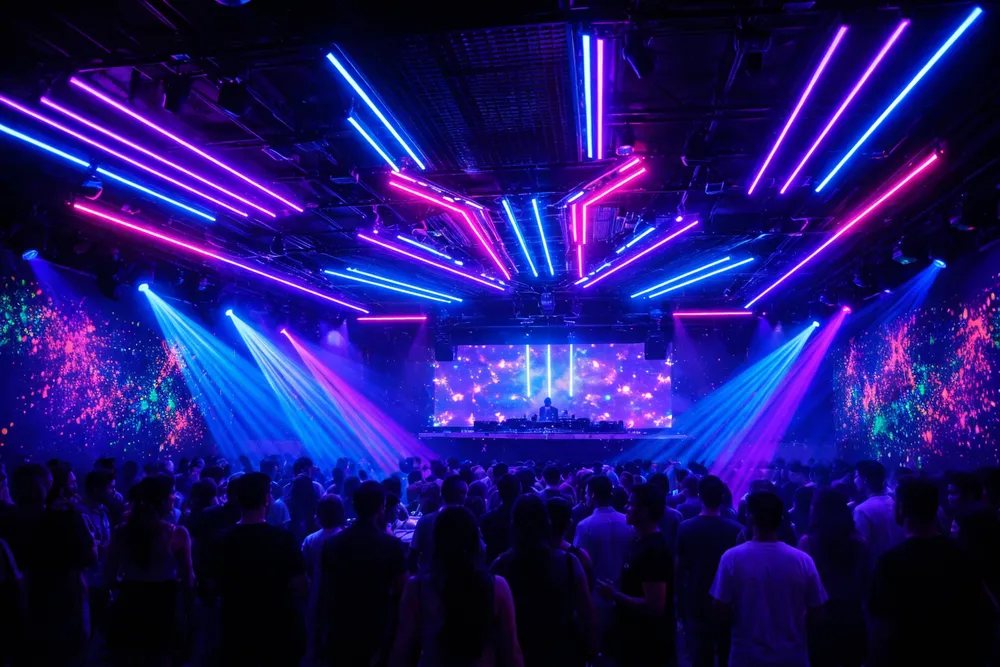 Neon DJ lights installed in a nightclub showing UV-reactive glow effects on walls and ceiling arrays