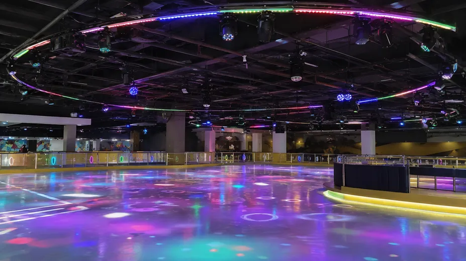Dance floor lighting installation in a commercial entertainment facility with skating rink