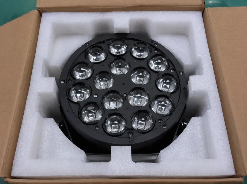 Molded EPE foam packaging insert cradling dance floor DJ light lens and optical assembly
