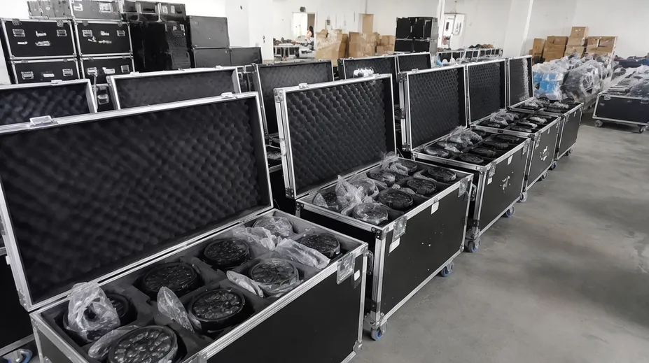 Dance floor DJ light fixtures packed for event rental transport with road cases