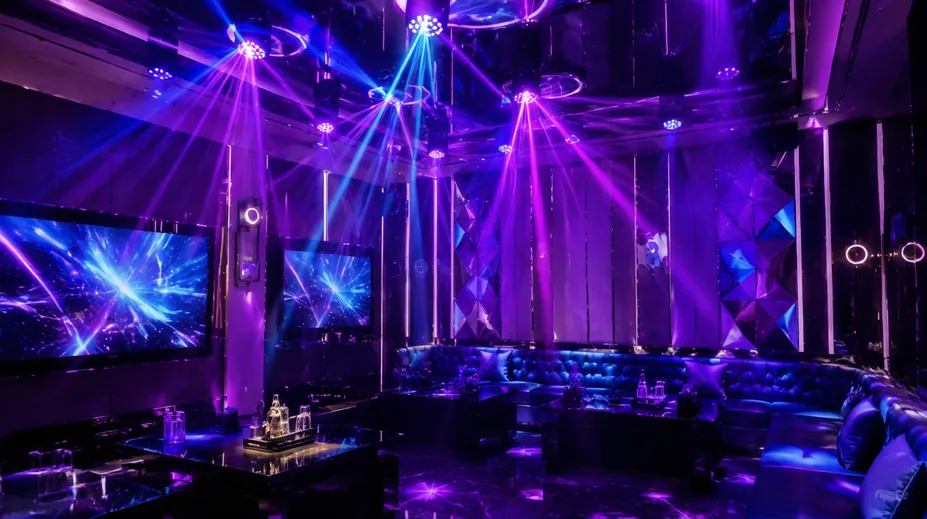Dancing DJ lights installed in a KTV private room ceiling with colorful beam effects