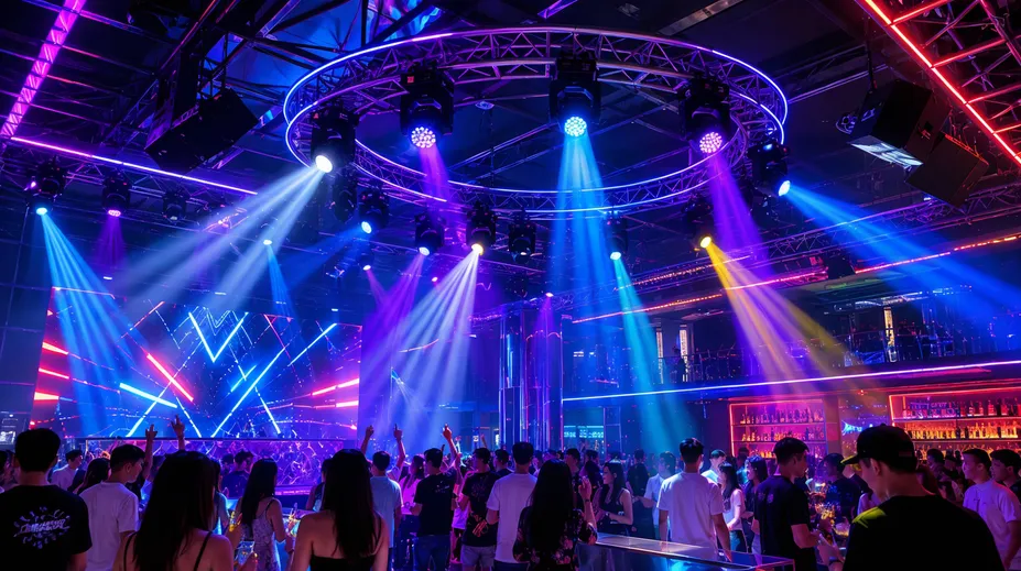 Nightclub interior with permanently installed dance lighting fixtures running at full output during peak hours