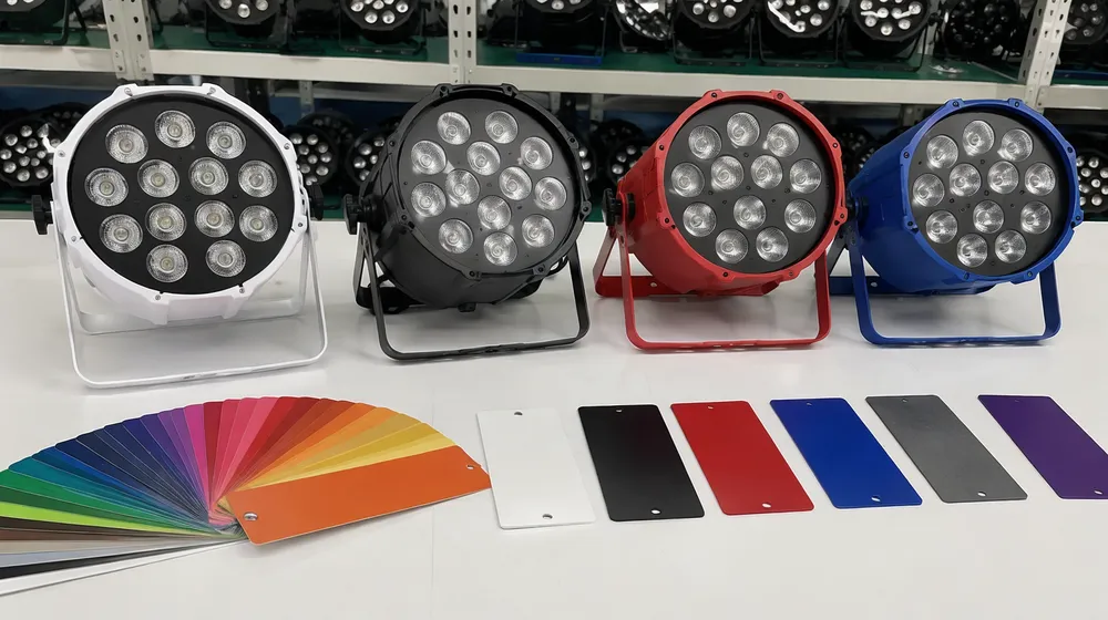 Dance floor DJ light OEM customization showing custom powder coat colors and logo engraving options