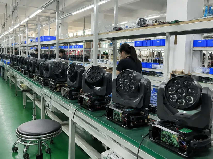 Climate-controlled motor assembly cell for dance lighting moving head fixtures at GDMonkey factory