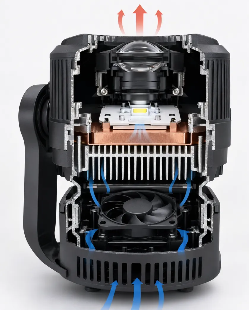 Cross-section diagram showing die-cast aluminum housing, copper-core MCPCB, and variable-speed fan thermal management system