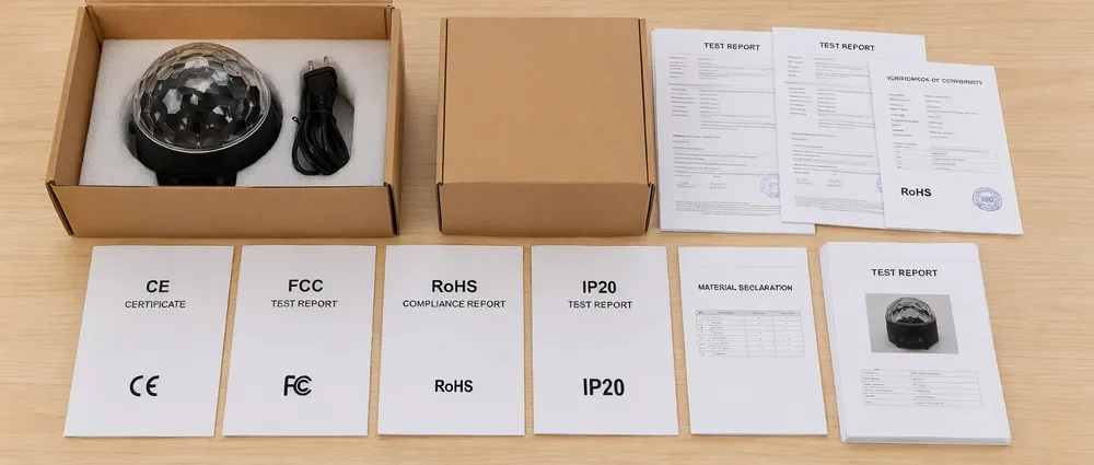 Compliance certification documents and test reports packaged with disco ball light shipments