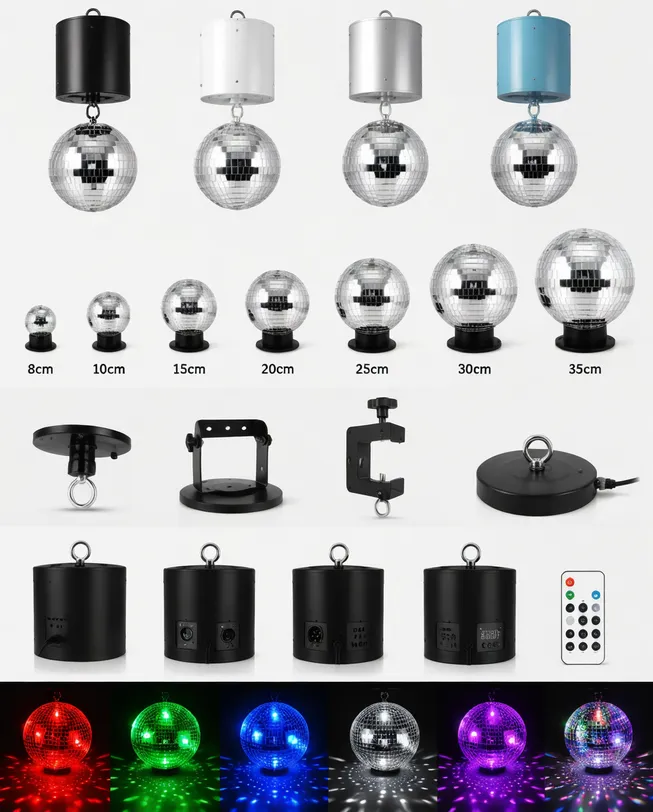 Disco ball light OEM customization options showing housing colors, mirror ball sizes, and mounting configurations