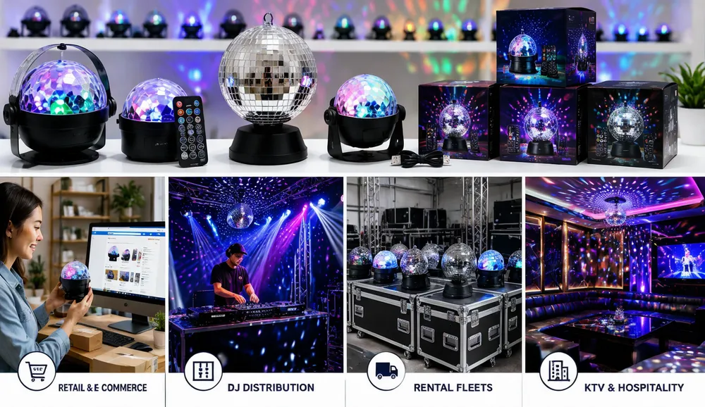 Overview of disco ball lights revenue channels — retail, DJ distribution, rental fleets, and KTV hospitality installations