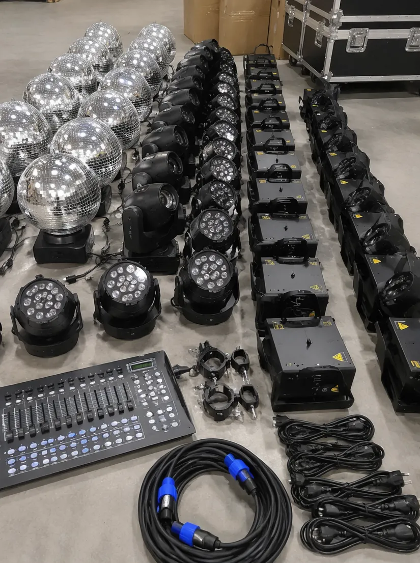 Complete disco DJ light show bundle with disco ball lights, LED effects, lasers and DMX controller laid out for shipping
