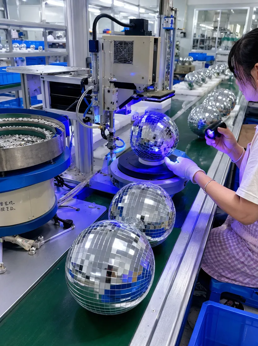 Mirror ball manufacturing process showing facet application on temperature-controlled adhesive line with UV inspection