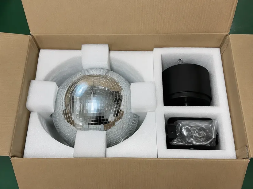 Molded EPE foam cradle packaging for disco ball light showing 6-point contact system and separated motor compartment