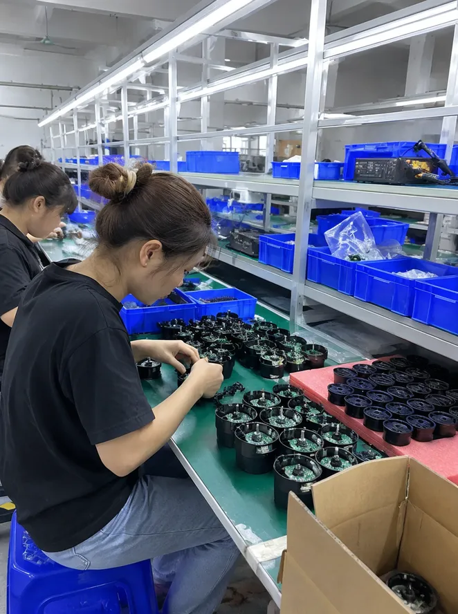 Dedicated motor assembly cell at GDMonkey Meizhou factory producing disco ball light rotation mechanisms