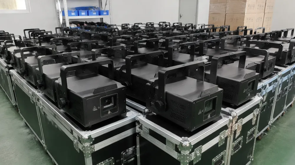 Fleet of identical disco laser light units staged for rental load-out