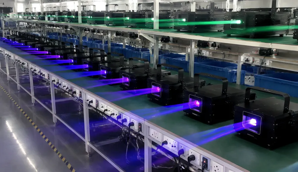 Disco laser light fixtures undergoing 48-hour burn-in aging test on production line