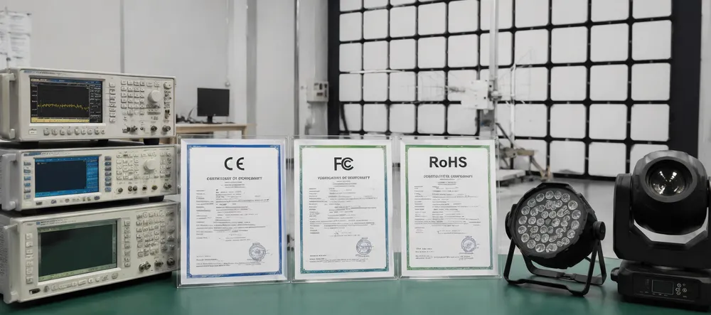 DMX disco DJ lights compliance documentation including CE, FCC, and RoHS certifications arranged with test equipment