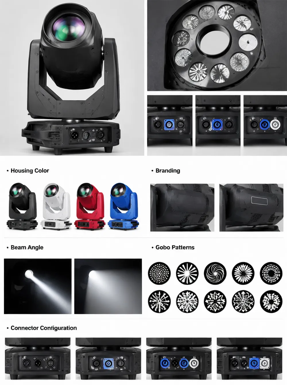 DMX disco DJ light fixture showing custom gobo wheel, branded housing, and connector configuration options