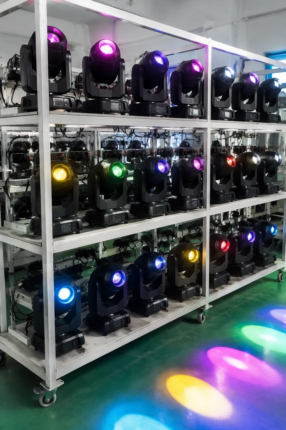DMX disco DJ light on 48-hour aging test rack with continuous DMX signal cycling and thermal monitoring