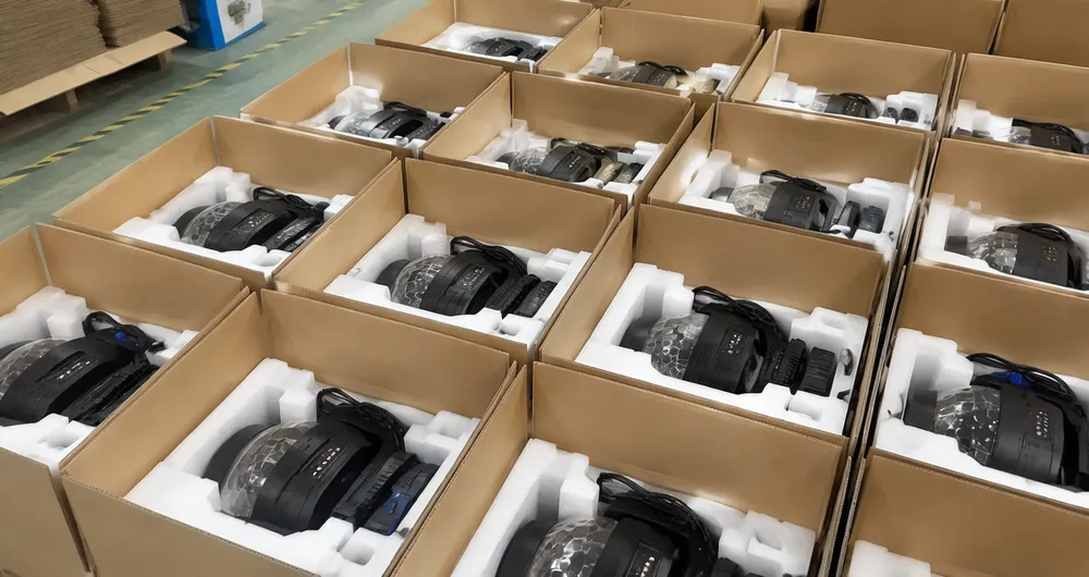 DMX disco DJ lights packed in molded EPE foam inserts ready for container loading