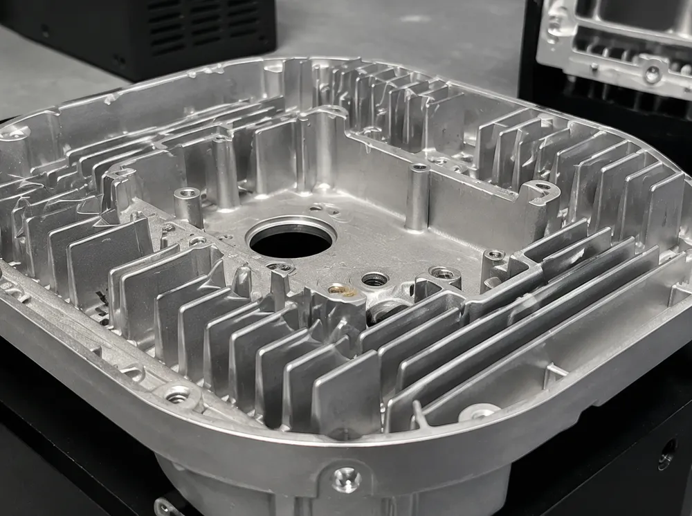 CNC-machined aluminum heatsink fins on a DMX disco DJ light fixture housing showing precise fin geometry