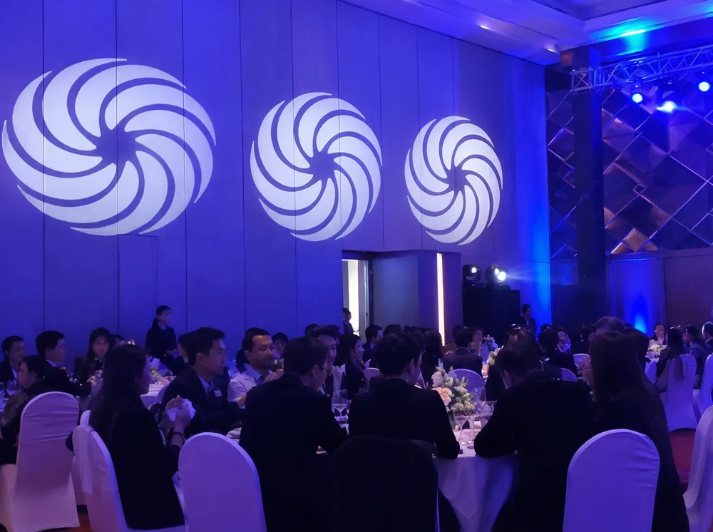 Corporate branded gobo projection on venue walls during a gala dinner