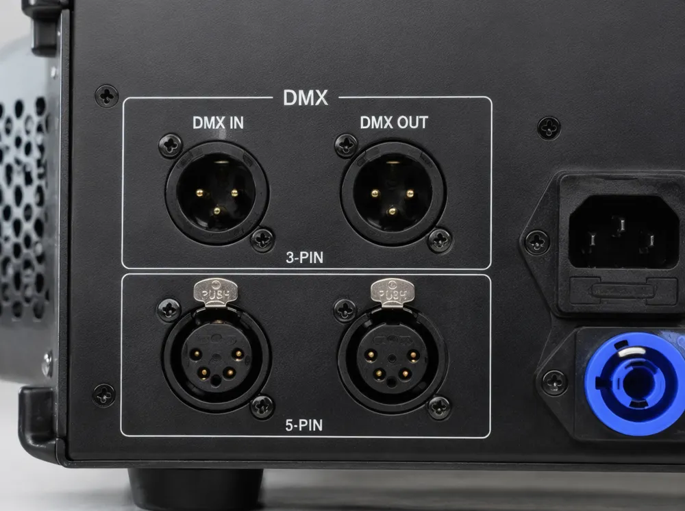 Industrial-rated XLR connectors on gobo disco DJ light rear panel showing 3-pin and 5-pin DMX inputs and outputs