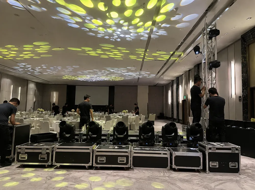 Event rental AV company deploying gobo disco DJ lights at a corporate event