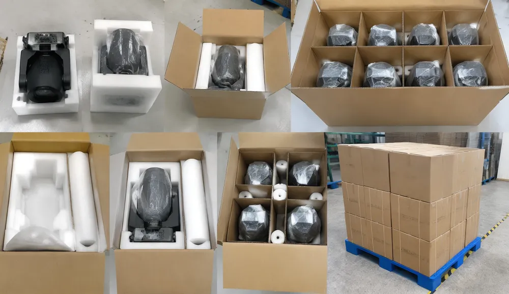 Gobo disco DJ light fixtures in EPE foam cradles packed into master cartons for sea freight container loading