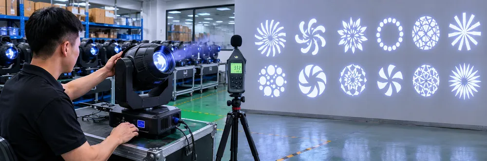 Quality verification station checking gobo alignment projection on calibration wall during production QC