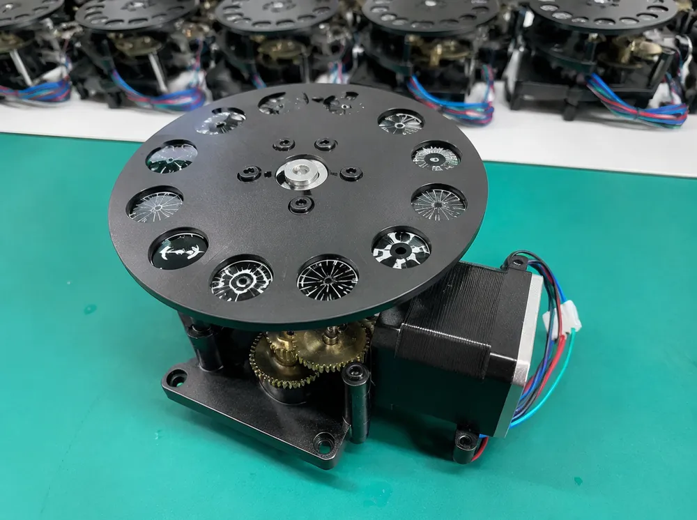 Gobo wheel mounted on geared stepper motor assembly — precision 1.8 degree step resolution