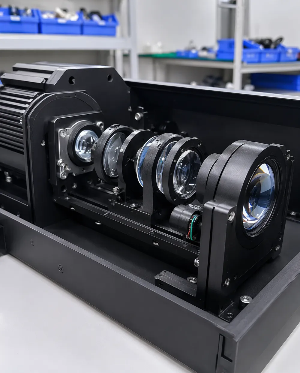 Multi-element lens assembly showing plano-convex condenser and front objective lens group in a gobo fixture optical path